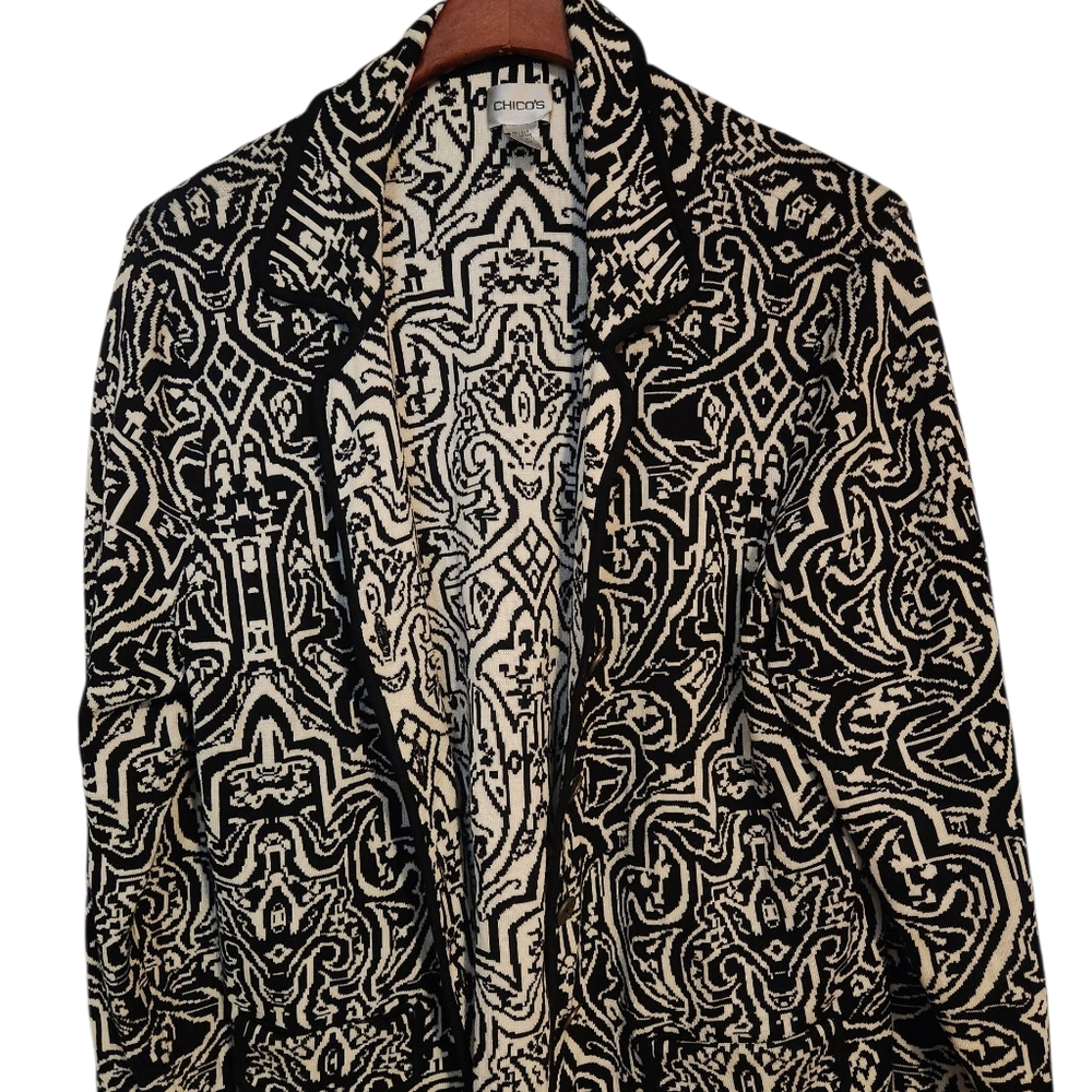 Womens Chico's  Knit Cardigan Sweater  Black White Size 3
